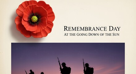 Obraz premium Remembrance Day commemorative poster featuring a red poppy and soldiers at sunset.