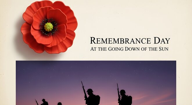 Remembrance Day commemorative poster featuring a red poppy and soldiers at sunset.