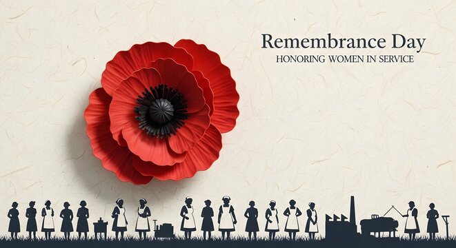 Remembrance Day graphic featuring a red poppy and silhouettes of women in service.