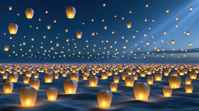 Thousands of glowing sky lanterns floating in the night sky over a calm sea during a festival