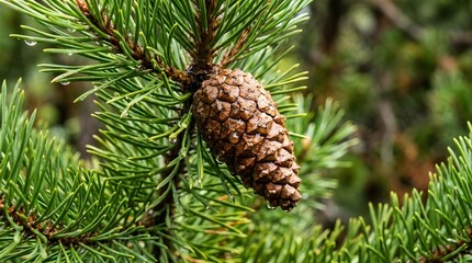 Fototapeta premium Close up of a pine cone hanging on a green pine tree branch