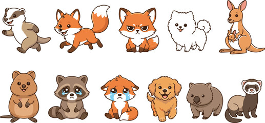 Fototapeta premium Cute Mixed Wild and Domestic Animal Character Vector Bundle Featuring Kawaii Fox, Puppy, Raccoon, and Kangaroo Cartoons for Nursery Stickers, Emoji Icons, and Kids Graphics