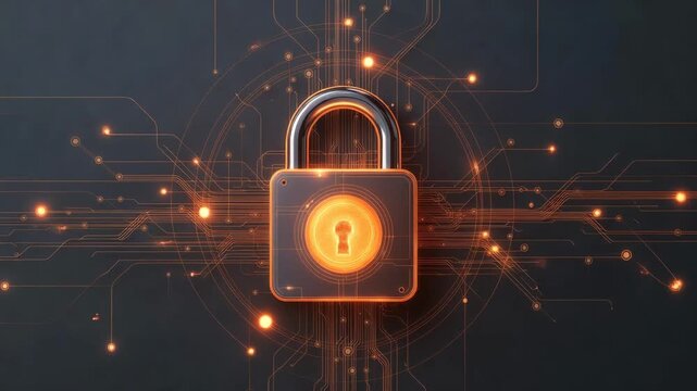A glowing padlock with bright circuitry in a futuristic style on a dark backdrop, symbolizing cybersecurity and data protection