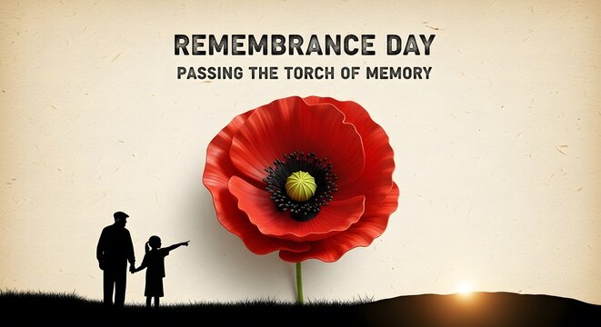 Remembrance Day poster with a poppy flower and a silhouette of a veteran and child.