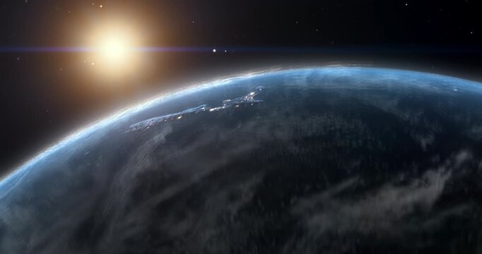 Planet Earth Rotating in Outer Space With Visible Surface City Lights and Sunrise on the Horizon.  Broadcast News Intro, Global Connectivity, Communication and Future Technology.