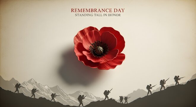 Remembrance Day poppy with silhouette soldiers on a mountain landscape.