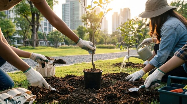 Young volunteers planting saplings and watering new trees in urban park with while watering them people planting trees city sustainability with environment