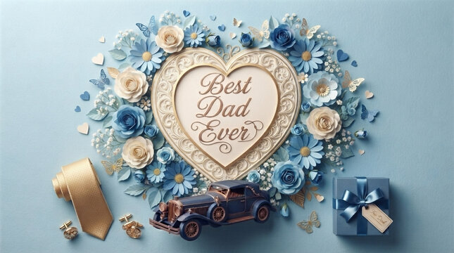 Handmade Father's Day card with heartfelt message. Rustic wooden keepsake featuring blue floral wreath and Best Dad Ever text.