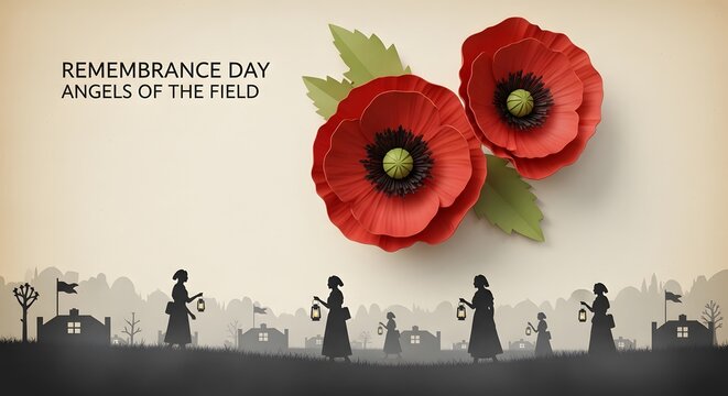 Remembrance Day Tribute with Red Poppies and Silhouette of Nurses in the Field.