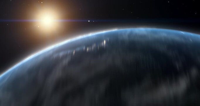 Timelapse of Earth Spinning Rapidly in Space as Sunlight Flares Over the Horizon and Night Cities Light Visible.  News Opener Conveying Worldwide Connectivity, Communication and Tomorrow's Technology.