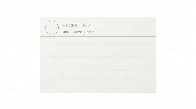 Minimalist recipe card template, blank white cooking stationery with prep and cook time labels, clean culinary note card for kitchen organization