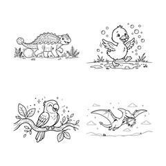 Charming black and white dinosaur bird parrot and pterodactyl coloring pages © MDAMANULLAH