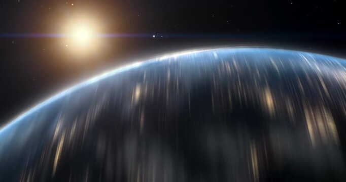 Super Fast Timelapse View From Space of Planet Earth Rotating Swiftly Beneath a Radiant Sun, City Lights Streaking Across the Surface. Broadcast News Intro Opener, Connectivity, Communication, Future.