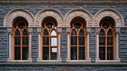 Obraz premium Four ornate, arched windows with wooden frames on a dark gray stone building.