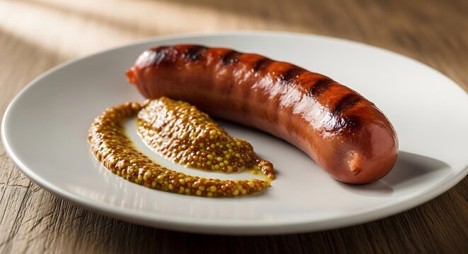 Delicious grilled sausage served with yellow mustard on a ceramic plate sitting on a rustic wooden table top for an appetizing meal presentation during lunch time or evening dinner hours