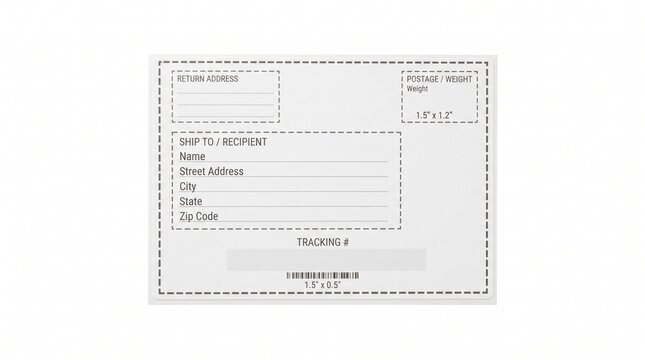 Blank shipping label template with return address and tracking fields, white adhesive mailing sticker mockup, postal delivery parcel label design