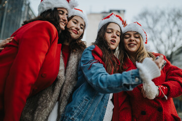 Fototapeta premium Four girls wearing Santa hats and winter coats pose closely while taking a selfie. They smile and celebrate outdoors in a festive, casual holiday moment.