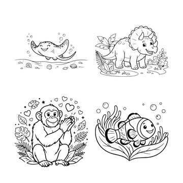Charming black and white animal illustrations for children's books and coloring pages