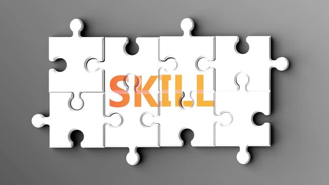 Skill being a complex topic - puzzle pieces with word skill coming together to make a whole. Skill made of many fitting parts, a compound subject.