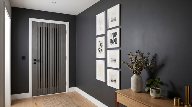 sophisticated building interior element presenting industrial matte black door knob fixed on a line art wood panel