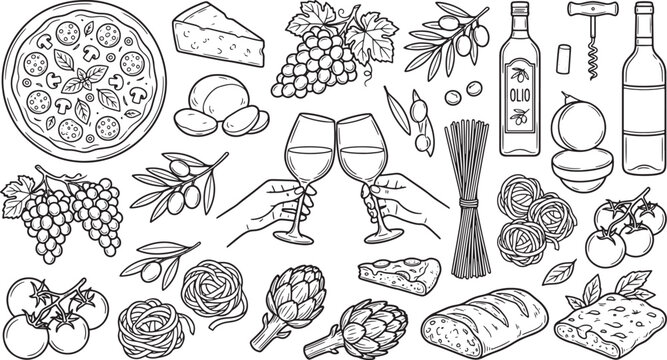 Hand drawn italian food and wine collection featuring pizza pasta olives grapes and bread in a sketch style vector