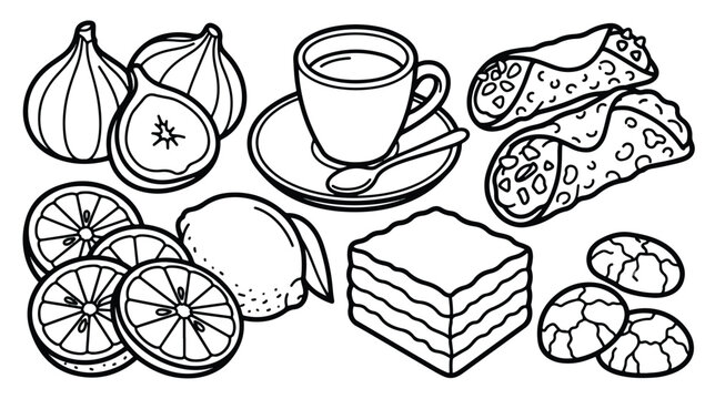 Italian dessert line art collection, traditional pastry and coffee vector set, cannoli and tiramisu with citrus fruits and figs, cafe menu illustration