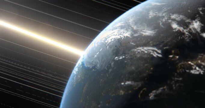 Super Fast Timelapse Close Orbit of Earth Spinning in Space as Satellites and Sun Circle the Globe. Time Passing Concept. Broadcast Intro on Connectivity and Future. Camera Fixed on Planet