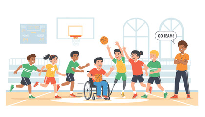 Fototapeta premium Group of diverse children playing basketball in a gym with a coach cheering while one child in a wheelchair participates actively.