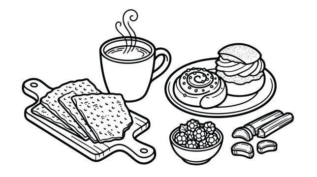 Swedish fika line art illustration, traditional coffee and pastry set vector, hand drawn breakfast with cinnamon bun and crispbread on cutting board