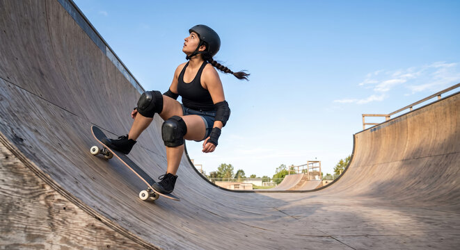 Extreme action shot of a padded female skater riding down the steep vertical transition of a large wooden halfpipe under a blue sky.