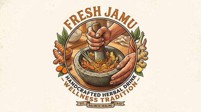 Vintage logo for handcrafted herbal jamu wellness drink