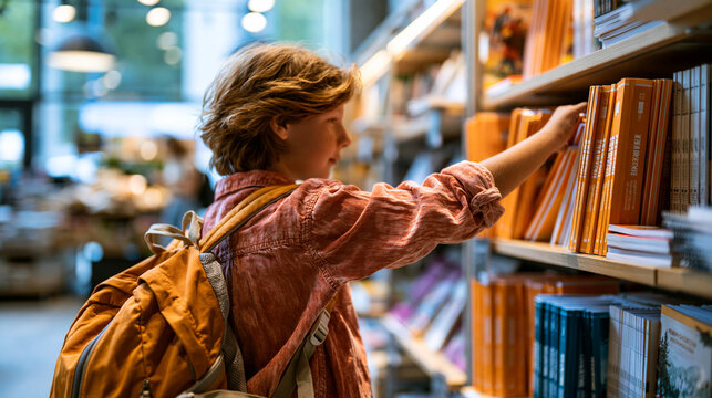 Rear view of a child with a backpack reaching for colorful exercise books on a bright bookstore shelf new school year concept book selection education materials young reader