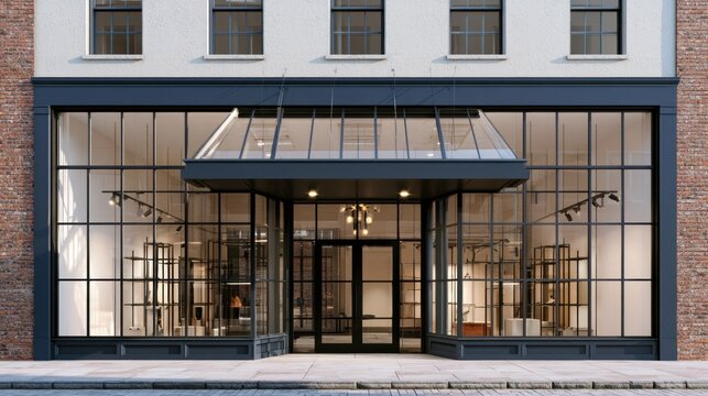 A modern, minimalist storefront with large glass windows and a black awning, featuring a black metal door and a white interior.