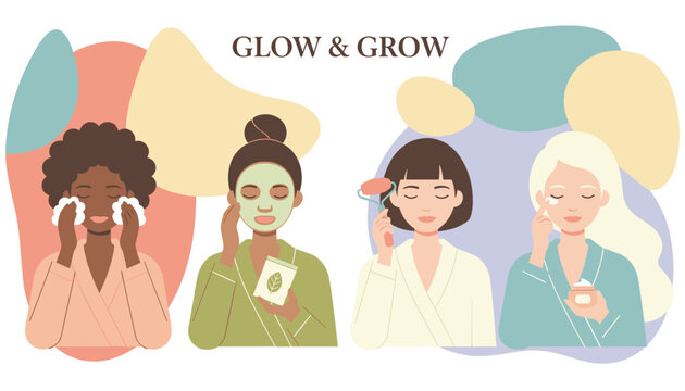 Diverse group of women enjoying a skin care and beauty routine with facial masks rollers and creams in a relaxing spa setting.