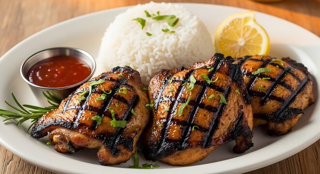 Delicious grilled chicken thighs served alongside a mound of fluffy steamed rice and a tangy lemon wedge on a ceramic plate for a hearty meal at home during a family dinner gathering today
