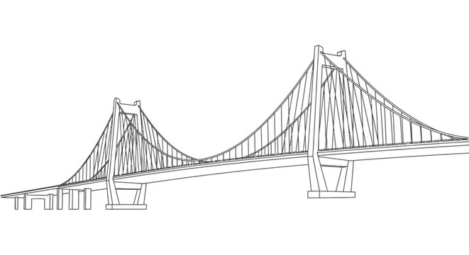 Modern suspension bridge architectural illustration on white background