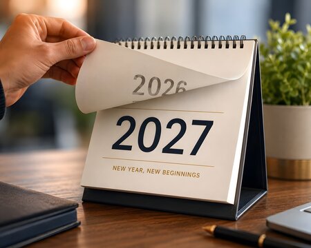 Person flipping the page of a desk calendar to change the year from 2026 to 2027 to celebrate the start of a new year and new beginnings in a home office setting on a wooden table