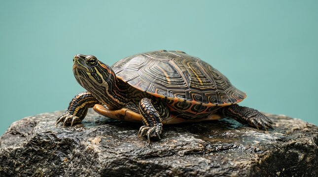A turtle resting calmly on a dark, weathered rock, with a smooth, blue-green surface in the background.