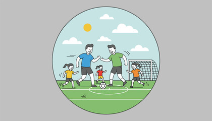 Fototapeta premium Family playing soccer on a grassy field with a goal net in a circular framed flat vector illustration for family sports and activity.