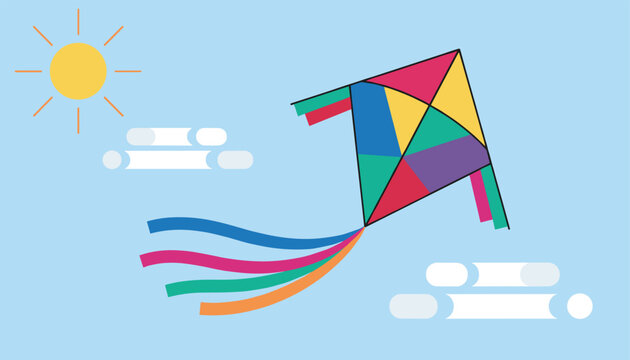 Colorful kite flying in a blue sky with the sun and soft clouds in a playful flat vector outdoor recreation concept illustration.