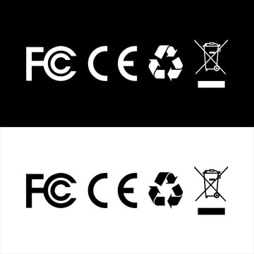 FCC CE Recycle and WEEE Compliance Symbol Set for Electronic Product Regulatory Certification and Market Authorization in Monochrome
