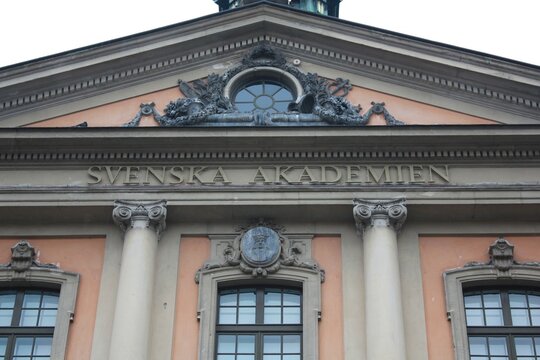 Architectural close-up of the historical B&ouml;rshuset building with the "Svenska Akademien" inscription on Stortorget square in Gamla Stan, Stockholm.Sweden . July , 2013