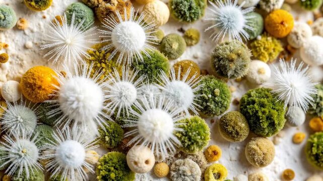 A macro view of various spherical fungal growths on a textured surface
