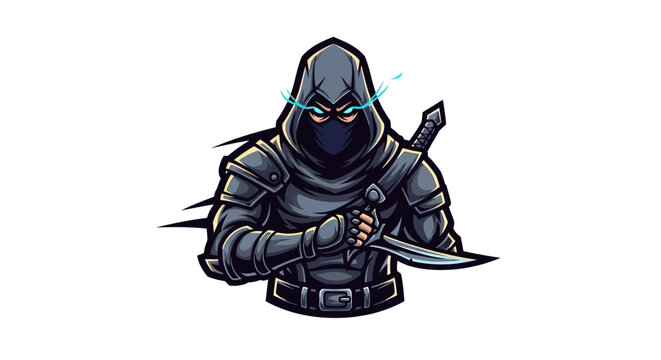 Mysterious assassin in dark armor with a dagger on a white background