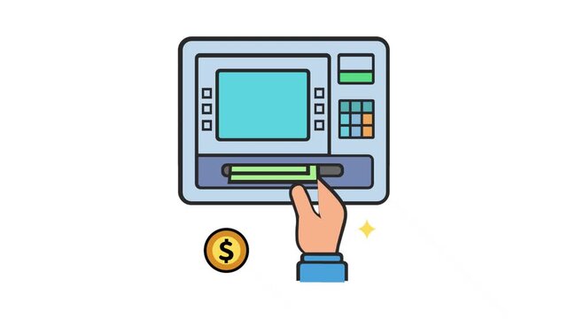 Detailed illustration showcasing a hand withdrawing crisp green dollar banknotes from an automated teller machine, accompanied by a golden coin, symbolizing quick financial transactions