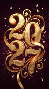 Elegant gold 2027 lettering with ornate swirls and ribbons for a luxury happy new year celebration design on a dark background with falling stars and confetti for festive greeting