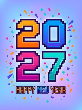 Colorful pixel art 2027 happy new year greeting card design with festive confetti elements for a fun holiday celebration in a retro digital gaming style with vibrant shades of blue