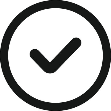 Black Circle Check Mark Icon Vector Illustration, Black Tick Symbol in Circular Outline Button Isolated on White Background