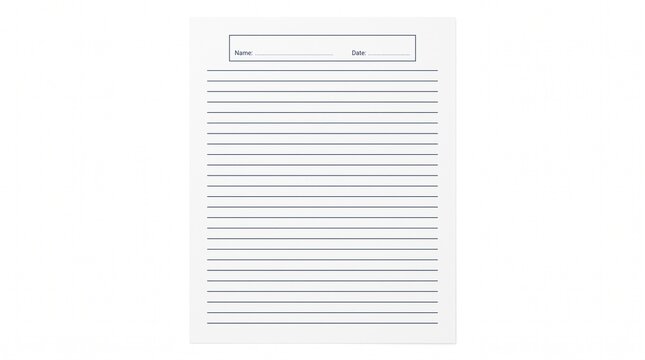 Lined paper template with name and date header, white ruled notebook page for school assignments, minimalist writing sheet for education and office notes