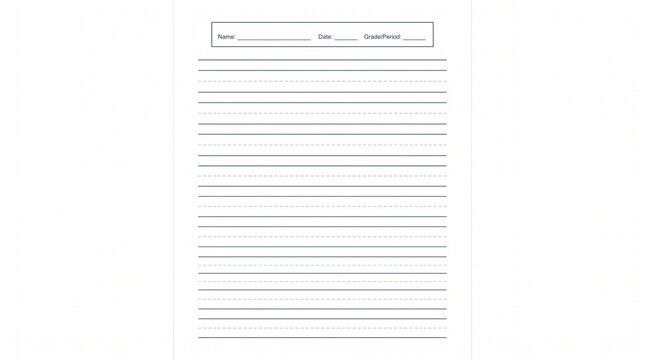 Lined paper template for school assignments, blank notebook page with name date and grade fields, white ruled stationery for writing practice